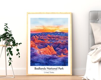 Wydruk z podróży po Parku Narodowym Badlands, grafika ścienna z Dakoty Południowej, plakat z akwarelą, dekoracja domu na pustyni, krajobraz skalny, do pobrania w wersji cyfrowej