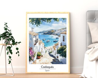Cadaques Spain Travel Print, Spain Wall Art, Watercolor Poster, Mediterranean Home Decor, Coastal Landscape Art, Printable Digital Download