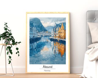 Alesund Norway Travel Print, Norway Wall Art, Watercolor Poster, Scandinavian Home Decor, Nordic Landscape Art, Printable Digital Download
