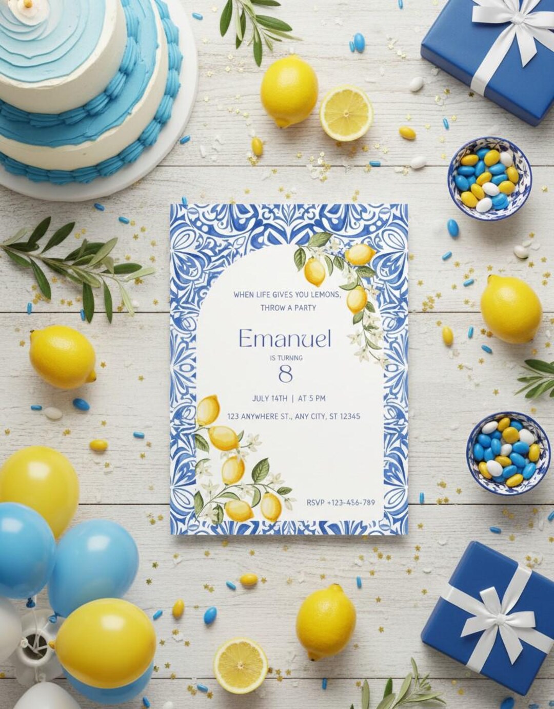 Editable Amalfi Coast Lemon Birthday Invite, Blue Tiles Italian Party ...