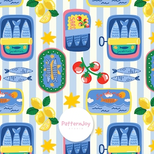 Pode incluir: Um padrão extravagante com sardinhas, limões, tomates e formas de estrela em um fundo listrado. As sardinhas estão em latas coloridas e os limões têm folhas verdes. O design inclui o texto "Sardines" e "PatternJoy Studio".