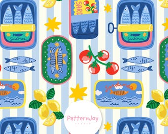 Patrón sin costuras de lata de sardinas coloridas: estampado de pescado mediterráneo, limón y tomate para tela, decoración de cocina y papel digital.