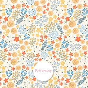 Pode incluir: Padrão floral repetido sobre fundo creme. O design apresenta pequenas flores em tons de laranja, amarelo, azul e branco. O padrão inclui várias formas e tamanhos de flores, criando um design denso e completo.