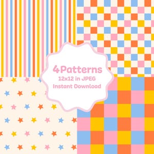 Pode incluir: Uma coleção digital de quatro padrões com listras verticais, um xadrez e estrelas em laranja, amarelo, rosa e azul. O texto central diz 4 Patterns 12x12 in JPEG Instant Download em um fundo branco com bordas recortadas.