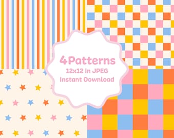 Colorful Seamless Pattern Bundle, Stars Stripes Checkered Digital Paper, 12x12 Inches JPG, Cute Kids Scrapbook Background, Instant Download