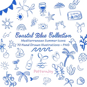 Può includere: Una collezione di 70 illustrazioni blu disegnate a mano con tema costiero. L'immagine include disegni di un granchio, calici, una barca a vela, una palma e il testo "Coastal Blue Collection".