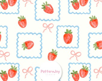 Marco de fresas en acuarela con patrón sin costuras, papel digital de bayas suaves con lazos, diseño de superficie frutal estilo cottagecore