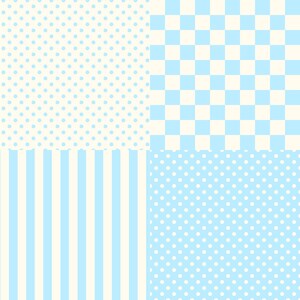 Pu&ograve; includere: Un collage di quattro diversi motivi in azzurro e crema. I motivi includono pois, una scacchiera, strisce verticali e altri pois. Il design generale &egrave; semplice e pulito.