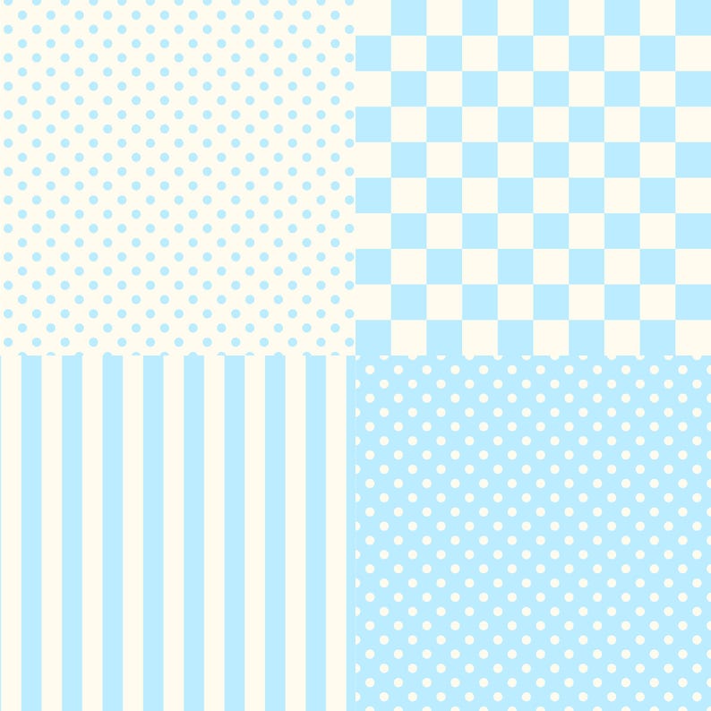 Pu&ograve; includere: Un collage di quattro diversi motivi in azzurro e crema. I motivi includono pois, una scacchiera, strisce verticali e altri pois. Il design generale &egrave; semplice e pulito.