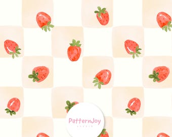 Patrón sin costuras de fresas en acuarela, papel digital de bayas con tablero de ajedrez suave, diseño de superficie frutal estilo cottagecore