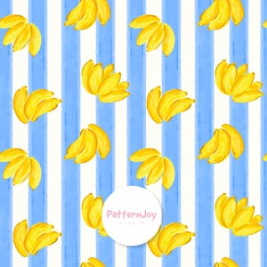 Sömlöst bananmönster, digitalt papper med tropiska frukter, sommarmönster, blårandigt banantryck, nyckfull fruktig tapet