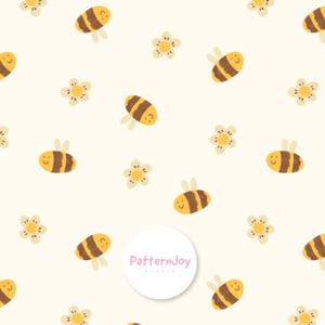 Pode incluir: Um padrão repetitivo de abelhas e flores de desenho animado em um fundo creme. As abelhas são amarelas e marrons com rostos sorridentes. As flores são brancas com centros amarelos. O logotipo do PatternJoy está no centro.