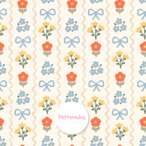 Pode incluir: Padrão repetitivo de flores estilizadas, laços e linhas onduladas sobre um fundo creme. As flores são amarelas, laranja e azuis. Os laços são azuis claros. O padrão tem um aspeto caprichoso e vintage.