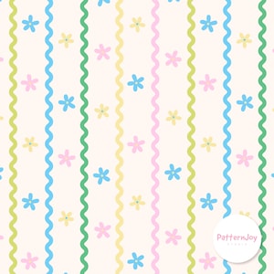 Può includere: Un motivo ripetuto di fiori pastello e strisce ondulate in blu, verde, rosa e giallo su sfondo crema. Il design presenta piccoli fiori a cinque petali intervallati tra le strisce verticali. Il logo PatternJoy studio si trova in basso a destra.