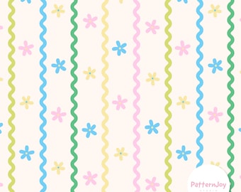 Pastel Floral Stripe Seamless Pattern – Flowers in Rows Digital Paper for Nursery