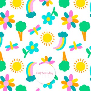 Pode incluir: Um padrão lúdico com ilustrações desenhadas à mão de flores, arco-íris, sóis, libélulas e árvores em cores vibrantes. O design inclui o texto "PatternJoy studio" em um círculo branco, perfeito para produtos infantis.