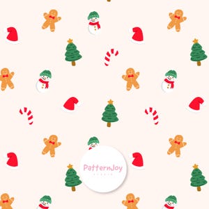 Pode incluir: Um padrão repetitivo num fundo creme claro com bonecos de gengibre com laços vermelhos, bonecos de neve com gorros verdes e cachecóis vermelhos, árvores de Natal verdes com estrelas amarelas, gorros de Pai Natal e bengalas doces.