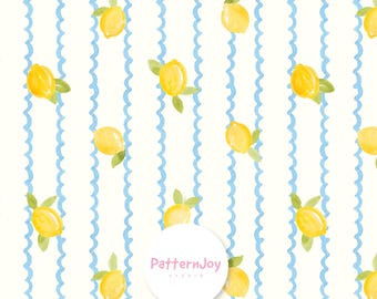 Patrón sin costuras de rayas de limón en acuarela, papel digital de frutas con cinta ondulada azul, diseño de superficie de cocina estilo cottagecore