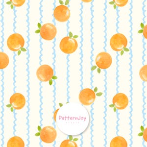 Könnte beinhalten: Aquarellmuster mit orangefarbenen Früchten und grünen Blättern, verteilt auf einem cremefarbenen Hintergrund mit wellenförmigen blauen Streifen. Das Design enthält den Text "PatternJoy STUDIO" in einem weißen Kreis.