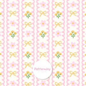 Cute Floral Bow Seamless Pattern, Pink Yellow Cottagecore Digital Paper, Retro Stripe Surface Pattern for Fabric, Scrapbook, Wallpaper