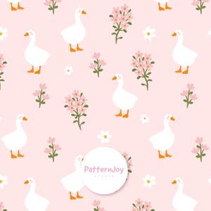 May include: A repeating pattern of white geese with orange beaks and feet, pink flowers, and white daisies on a light pink background. The design includes the text "PatternJoy studio" in a white circle.