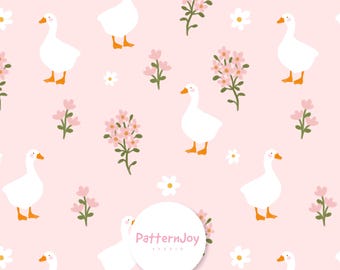 Patrón floral sin costuras de gansos rosas, papel digital Cottagecore Duck, estampado de tela para habitación infantil, lindo patrón de superficie en tonos pastel.