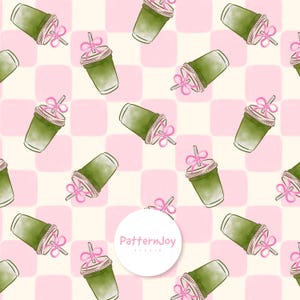 May include: Watercolor pattern featuring green drinks in clear cups with pink bows and straws. The drinks are set against a pink and cream checkered background. The PatternJoy Studio logo is in the lower right corner.