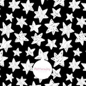 Białe, bazgrołowe gwiazdki na czarnym, bezszwowym wzorze, ręcznie rysowane, bazgrołowe gwiazdki, minimalistyczny dziecięcy nadruk gwiazdek, nowoczesne tło gwiazdek