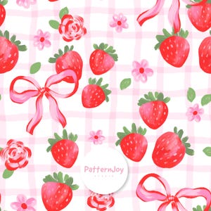 Pode incluir: Padrão repetitivo com ilustrações em aquarela de morangos vermelhos brilhantes, flores cor-de-rosa, folhas verdes e laços cor-de-rosa sobre um fundo xadrez branco e cor-de-rosa. O design tem uma estética caprichosa e pintada à mão.
