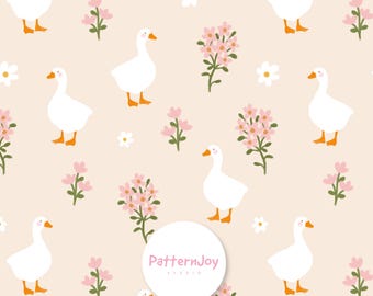 Patrón sin costuras de ganso beige, estampado neutro de patos estilo cottagecore, papel digital vintage de animales de granja, diseño minimalista de tela para habitación infantil.