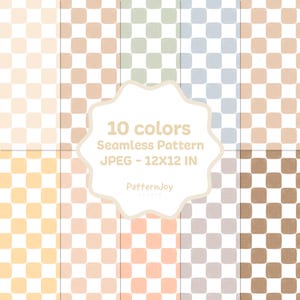Pode incluir: Imagem digital mostrando dez variações de cores de um padrão sem costura. O padrão apresenta uma grade de quadrados arredondados. A imagem inclui o texto "10 cores Padrão sem costura JPEG - 30x30 cm" e o logotipo do estúdio PatternJoy.