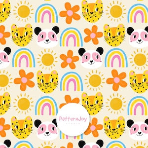 Puede incluir: Patrón repetitivo con ilustraciones de dibujos animados de guepardos sonrientes, pandas, arcoíris, flores y soles. El diseño incluye elementos amarillos, naranjas, rosas, azules y negros sobre un fondo crema. El texto "PatternJoy Studio" está en un círculo blanco.