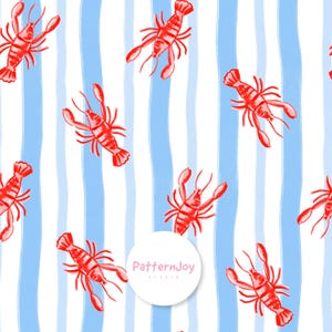 Pode incluir: Padrão repetitivo de lagostas vermelhas sobre um fundo de listras verticais azuis e brancas. As lagostas são estilizadas com pinças e antenas visíveis. O design tem um efeito aquarela, adequado para tecido ou papel de parede.