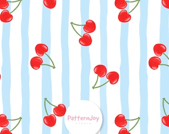 Patrón de cerezas sin costuras, lindo estampado de cerezas rojas, diseño de tela de verano con rayas azules, patrón retro de frutas, diseño de superficie de comida dulce