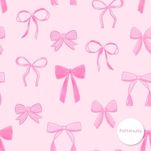 Pode incluir: Um padrão repetitivo de laços cor-de-rosa sobre um fundo rosa claro. Os laços variam em estilo, alguns com listras, outros sólidos. A imagem tem uma estética delicada e feminina, com o logotipo PatternJoy no canto inferior direito.