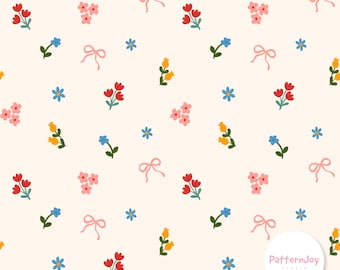 May include: A repeating pattern featuring small flowers and bows in red, pink, yellow, and blue on a cream backdrop. The flowers are grouped, and the bows are a soft pink. The design has a delicate and whimsical feel.