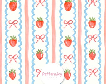 Diseño sin costuras con estampado de rayas de fresas en acuarela, papel digital con un bonito lazo de bayas, diseño de superficie con cinta rosa y azul estilo cottagecore.