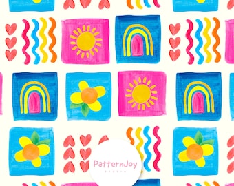 Papel digital con estampado infantil colorido sin costuras, arcoíris, corazones, sol y flores, diseño de superficie pintado a mano y divertido.