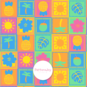 May include: A vibrant, repeating pattern with tropical motifs including pineapples, palm trees, flowers, and suns. The design is set against a checkerboard background with bright squares of pink, blue, orange, and green. The PatternJoy studio logo is in the centre.