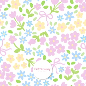 Pode incluir: Padrão floral contínuo com flores em tons pastel rosa, amarelo e azul, folhas verdes e laços rosa sobre fundo branco. O design, com aspeto desenhado à mão, é ideal para tecidos ou papéis de parede, com uma estética encantadora.