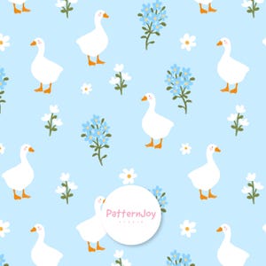 May include: A repeating pattern featuring white geese with orange beaks and feet, blue forget-me-nots, and white daisies on a light blue background. The design is whimsical and suitable for various applications.