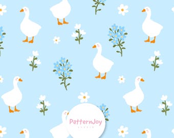 Lindo estampado de ganso sin costuras, papel digital floral de patos estilo cottagecore, estampado de superficie de fondo azul para tela, álbum de recortes, decoración de guardería