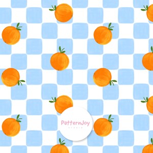 Orange gingham sömlöst mönster, handmålat digitalt citruspapper, sött sommarfruktmönster, blå rutig tapetdesign