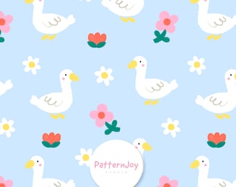 Patrón sin costuras de gansos, lindo estampado floral de patos, diseño de tela para guardería con animales de granja, patrón de flores de margarita primaverales para niños, papel digital