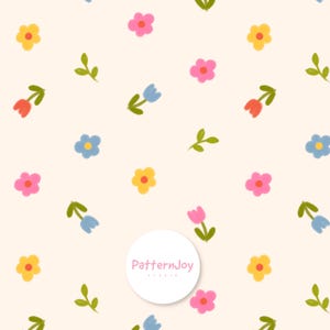 Pode incluir: Um padrão repetitivo de flores coloridas e folhas verdes sobre um fundo creme. As flores são em tons de rosa, amarelo, azul e vermelho. A imagem inclui o texto "PatternJoy studio" em um círculo branco.