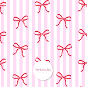 Pode incluir: Um padrão repetitivo de laços vermelhos sobre um fundo listrado rosa e branco. Os laços são uniformemente espaçados e parecem desenhados à mão. A imagem tem uma estética limpa e simples, adequada para várias aplicações de design.