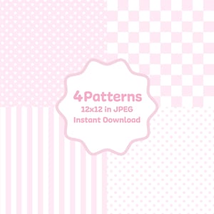 May include: Four pink and white patterns are displayed, including polka dots, stripes, and a checkerboard design. The image includes the text "4 Patterns 12x12 in JPEG Instant Download."