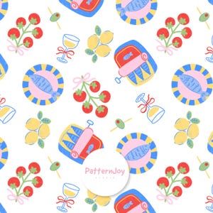 Pode incluir: Padrão repetitivo com ilustrações de sardinhas, tomates, limões, azeitonas e taças de vinho. O design inclui um peixe num prato, uma lata de sardinhas e uma taça de vinho amarrada com um laço. A paleta de cores inclui vermelho, amarelo, azul e rosa.