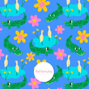 May include: A whimsical pattern featuring green cartoon alligators, yellow and pink flowers, and white birds on a blue background. The design includes a white circle with the text "PatternJoy Studio".
