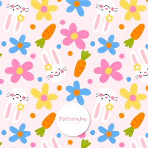 May include: A repeating pattern featuring white bunnies, orange carrots, and colorful flowers in pink, yellow, and blue on a light pink background. The design includes polka dots and is suitable for Easter or spring-themed products.